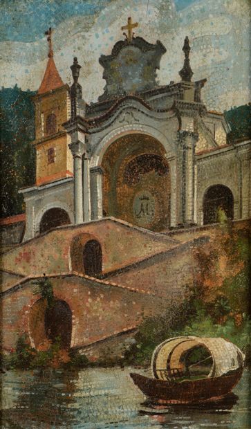 null Italian school of the XXth century 

Baroque church

Mixed media on wood. 

27.5...