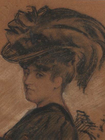 null French school around 1900

Portrait of a woman with a feathered hat

Black stone,...