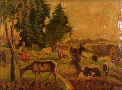 null French school of the XXth century 

Shepherdess and her herd of goats 

Oil...