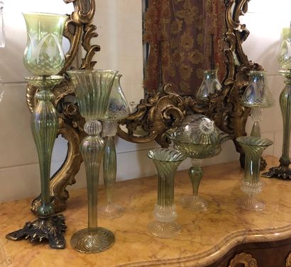 null Set in glass and green crystal including a chandelier ball and seven candle...