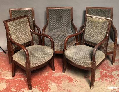 null Suite of a pair of bergères and three armchairs in mahogany, straight back,...