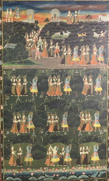 null Four Indian paintings on fabric depicting animated scenes of Radha and Krishna,...