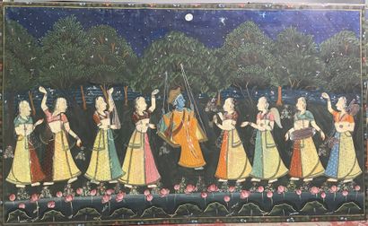 null Three Indian paintings on fabric depicting animated scenes of Radha and Krishna,...