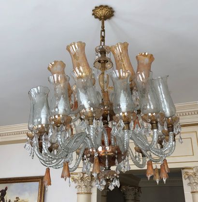 null Pair of colored glass and crystal chandeliers with eight and sixteen lights...
