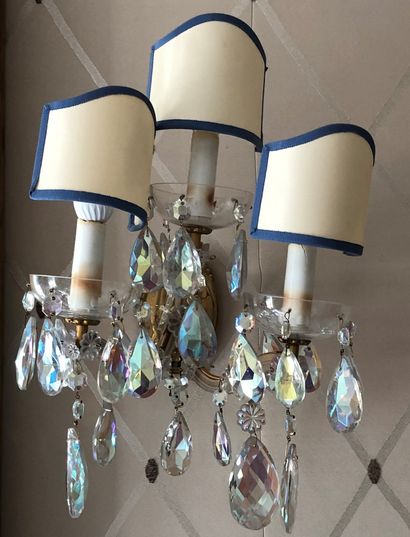 null Pair of glass and crystal sconces with pendants, gilded brass mounting, three...