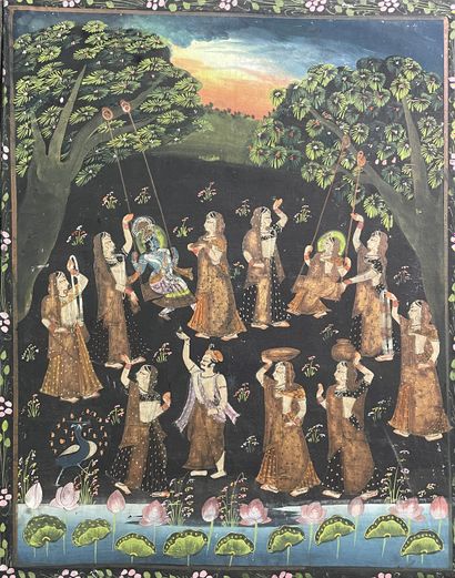 null Trois peintures indiennes sur tissu figurant des scènes animées de Radha et...