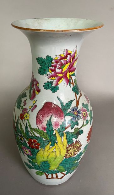 null Porcelain baluster vase decorated with peach of longevity, pomegranate, lemon...
