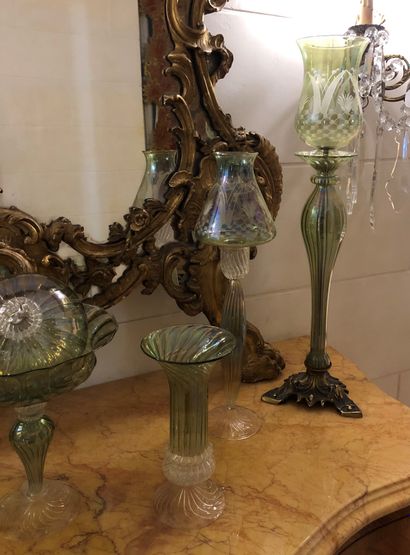 null Set in glass and green crystal including a chandelier ball and seven candle...