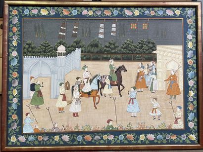 null Four Indian paintings on fabric depicting animated scenes of Maharajas, framed

83...