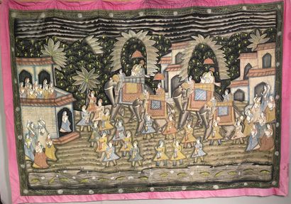 null Three Indian paintings on fabric representing animated scenes of Radha and Krishna

Soiling...