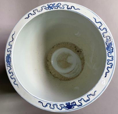 null Deux vasques à poissons en porcelaine à décor en bleu sous couverte d'Immortels...