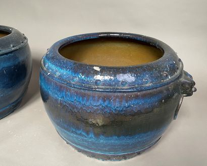 null Pair of stoneware fishbowls with midnight blue glaze, decorated with imitation...