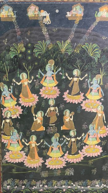 null Four Indian paintings on fabric depicting animated scenes of Radha and Krishna,...