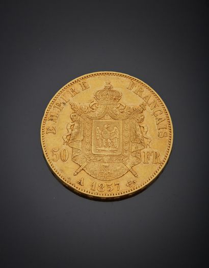 null 50 francs gold coin, Napoleon III, bare head, Paris 1857.

Weight 16 g