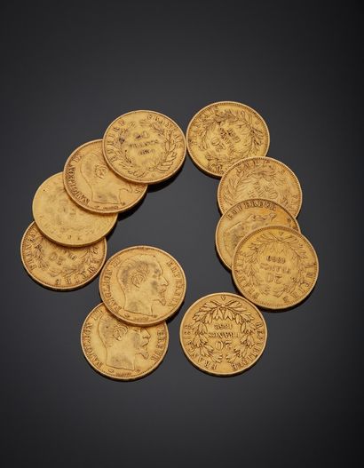 null 11 pièces de 20 francs or, Napoléon III, tête nue, datées 1852, 1854, 1855,...