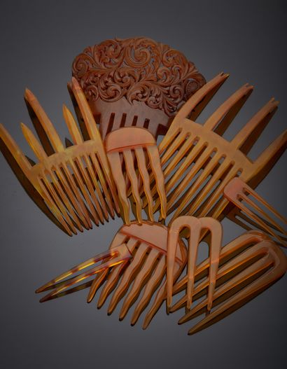 null Lot of combs in blond tortoiseshell and synthetic materials, one with a ball...
