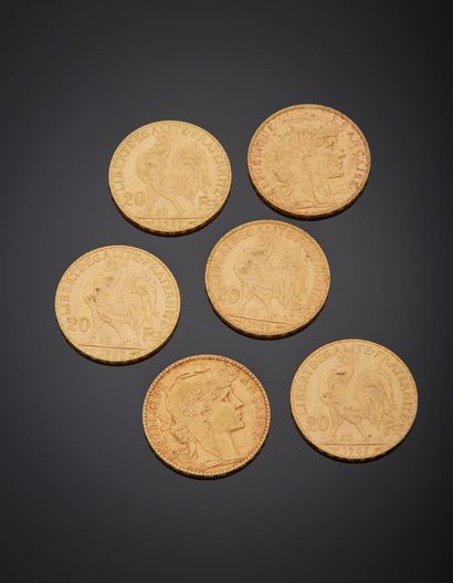 null 6 coins of 20 francs gold with rooster, dated, 1902, 1906, 1907, 1909 and 1913....