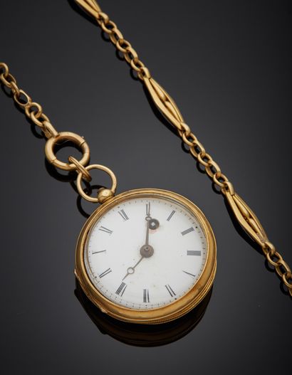 null 18K yellow gold 750‰ pocket watch, round shape, white dial (damaged), Roman...