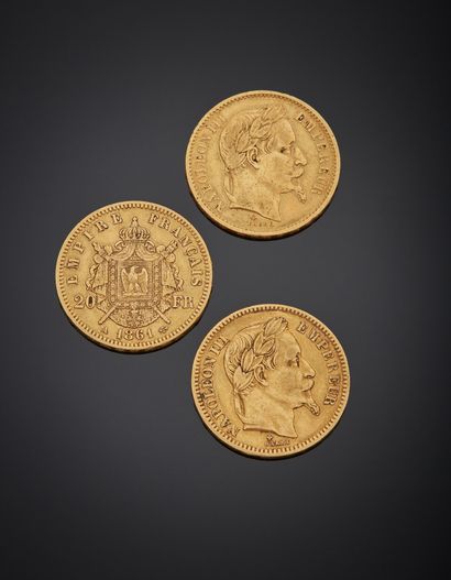 null 3 pièces de 20 francs or, Napoléon III, tête laurée, datées 1861, 1865 et 1867.

Poids...