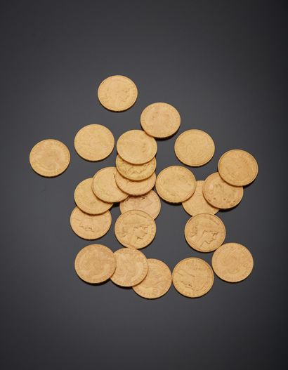 null 23 pièces de 20 francs or, Marianne et Coq, datées 1906, 1907, 1908, 1909, 1910,...