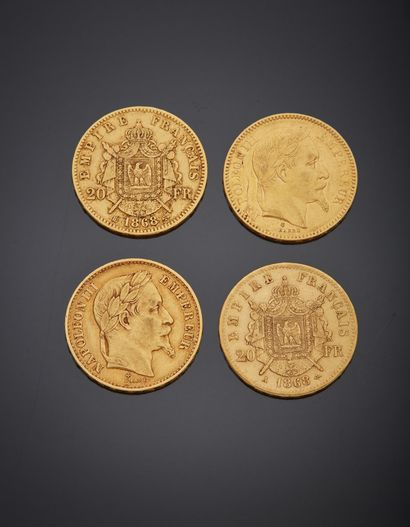 null 4 pièces de 20 francs or, Napoléon III, tête laurée, 1863, 1868 et 1869. 

Poids...