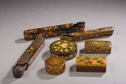null Set of three pen trays and four boxes, two round and two rectangular, in painted...