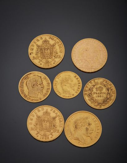 null Lot de pièces en or comprenant :

– 3 pièces de 20 francs, Napoléon III tête...