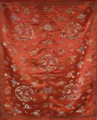 null Vertical polychrome silk embroidery tent on a red background decorated with...