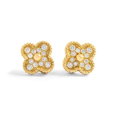 null Pair of 18K yellow gold 750‰ cloverleaf-shaped stud earrings, adorned at their...