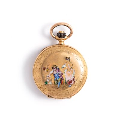 null Lot in 18K gold 750‰ comprising:

- Enameled decorated (accidents), round-shaped...