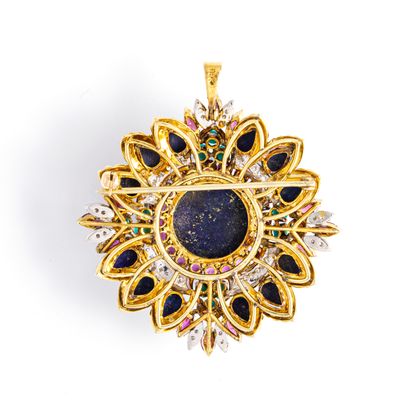 null Two-tone 14K gold 585‰ brooch, round shape, set with lapis lazuli (treated),...