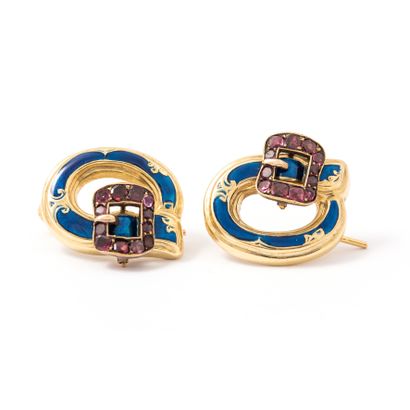 null A pair of 18K yellow gold 750‰ garter-shaped earrings, enameled in blue, the...