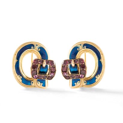 null A pair of 18K yellow gold 750‰ garter-shaped earrings, enameled in blue, the...