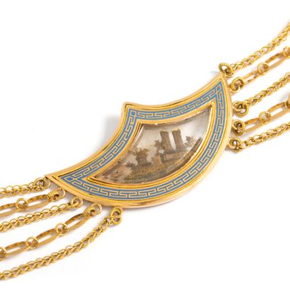 null 18K yellow gold 750‰ slavery necklace, adorned with chains of various designs,...