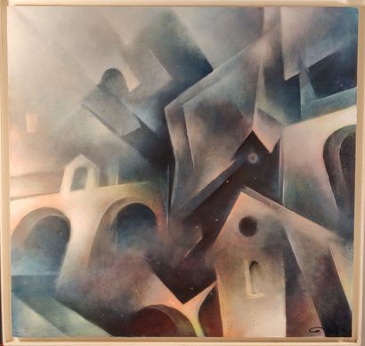 null Neo-futurist school

Architectural landscape 

Oil on wood panel. 

Signed lower...