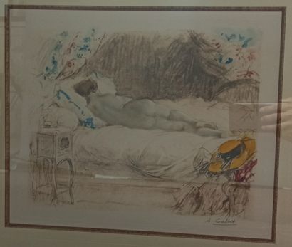  Lot comprenant : 
 
Antoine CALBET (1860-1944) 
La belle endormie 
Gravure en couleurs....
