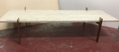 null Modernist coffee table, white lacquered metal and brass legs, travertine top....
