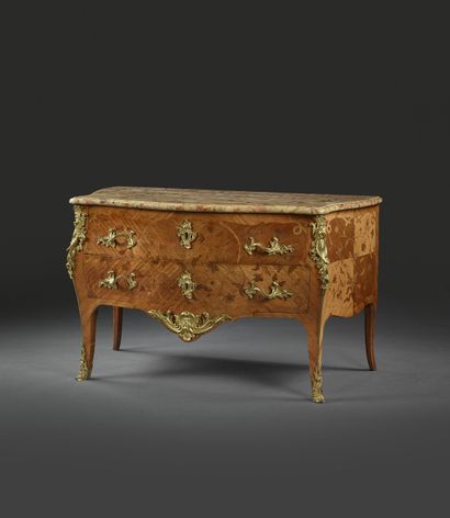 null Veneer and marquetry chest of drawers opening with two drawers, cambered legs,...