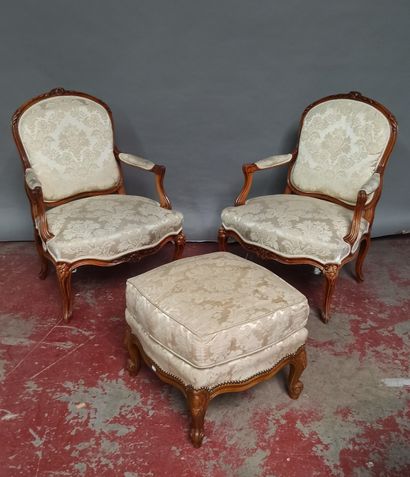 Pair of armchairs in natural wood molded...