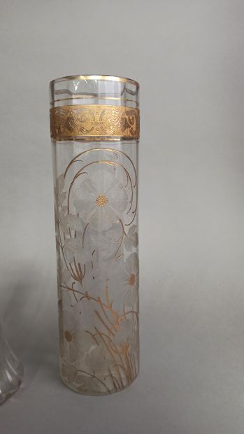 null Large glass roll vase heightened gold with engraved decoration of flowers. 

We...