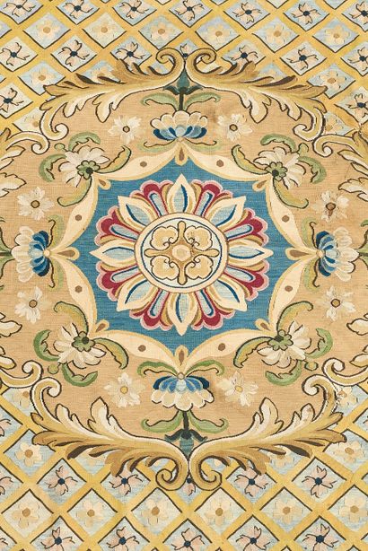 null Wool carpet in the taste of Aubusson, decorated with garlands and foliage on...