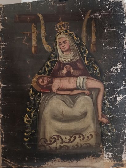 null School of Cuzco 

Virgin of Pity 

Oil on canvas. 

Canvas cut out.

79 x 59...