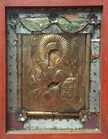 Icon representing the Virgin, oklad in brass,...