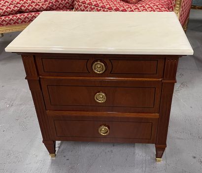 null Small bedside table in wood veneer opening with three drawers on crossbar decorated...