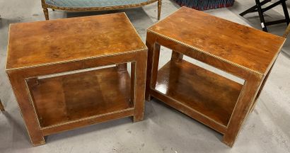 null Pair of bedside tables with two trays in burr veneer and gilded brass pearl...