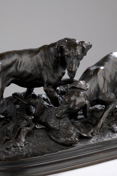 null Pierre-Jules Mêne (1810-1879) 

Hare hunting in the vineyards

Bronze with brown...
