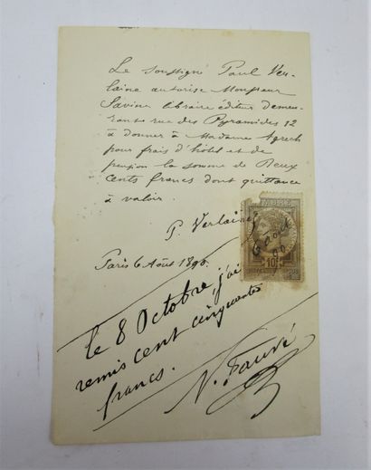 null Verlaine, Paul (1844-1896). - Note autographe signée, Paris, du 6/08/1890. Feuillet...