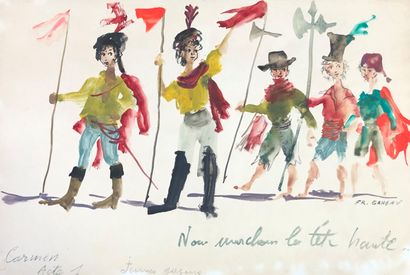 null Theater costumes - Set of nine watercolor models, representing characters of...
