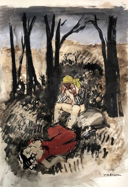null Yves Brayer. The death of Carmen. Watercolor signed lower right. 54 x 37.5 ...