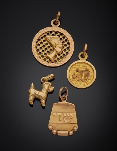 null Lot in 18K Gold 750‰ including a Nefertiti medal on fishnet, a poodle charm's,...